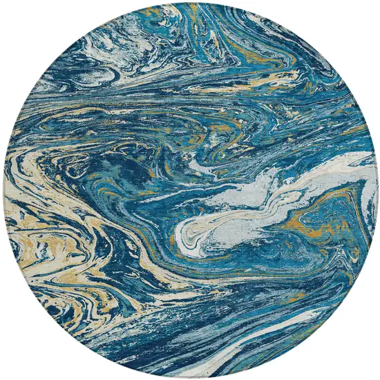 8' Navy Blue Gold And Ivory Round Abstract Washable Indoor Outdoor Area Rug Photo 2