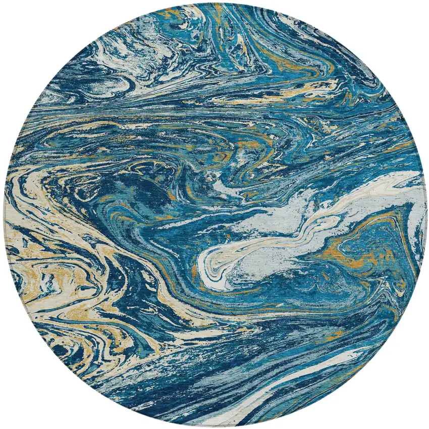 8' Navy Blue Gold And Ivory Round Abstract Washable Indoor Outdoor Area Rug Photo 2