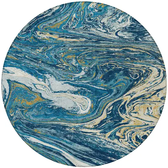 8' Navy Blue Gold And Ivory Round Abstract Washable Indoor Outdoor Area Rug Photo 7
