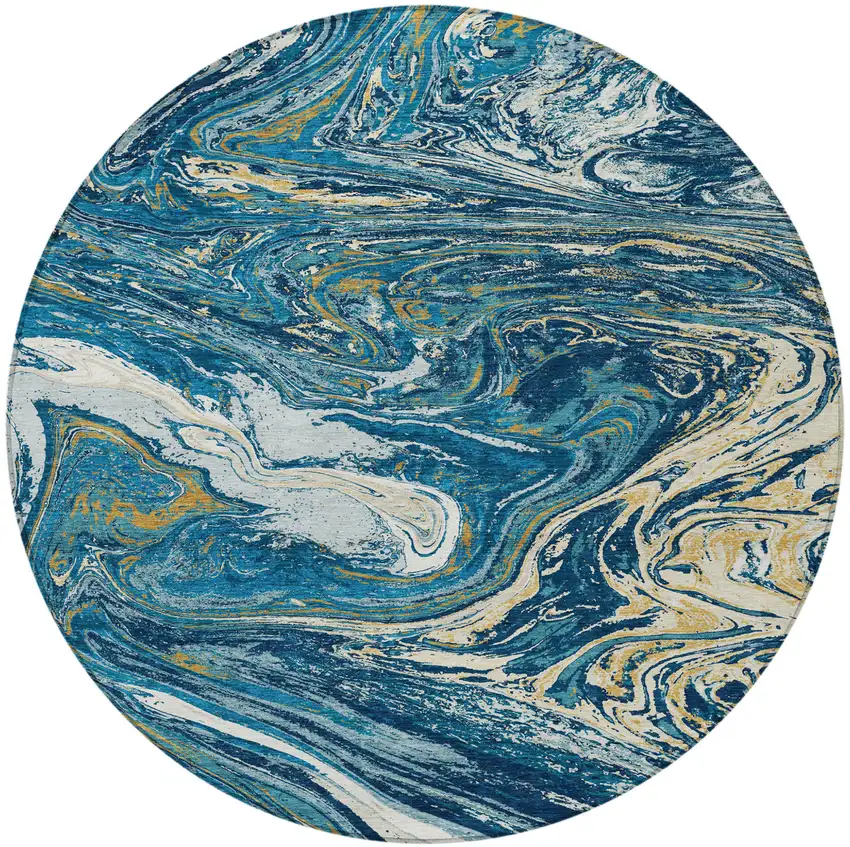 8' Navy Blue Gold And Ivory Round Abstract Washable Indoor Outdoor Area Rug Photo 7