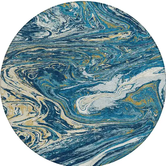 8' Navy Blue Gold And Ivory Round Abstract Washable Indoor Outdoor Area Rug Photo 6