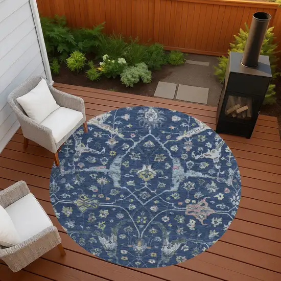 8' Navy Blue Gold And Ivory Round Floral Washable Indoor Outdoor Area Rug Photo 8
