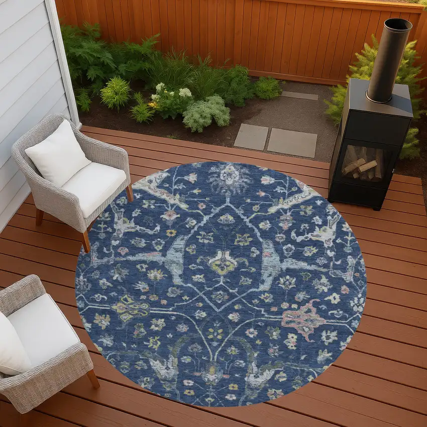 8' Navy Blue Gold And Ivory Round Floral Washable Indoor Outdoor Area Rug Photo 8