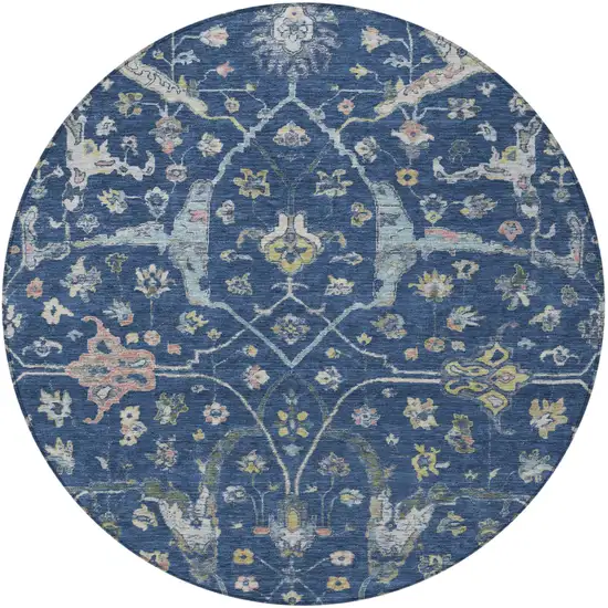 8' Navy Blue Gold And Ivory Round Floral Washable Indoor Outdoor Area Rug Photo 5