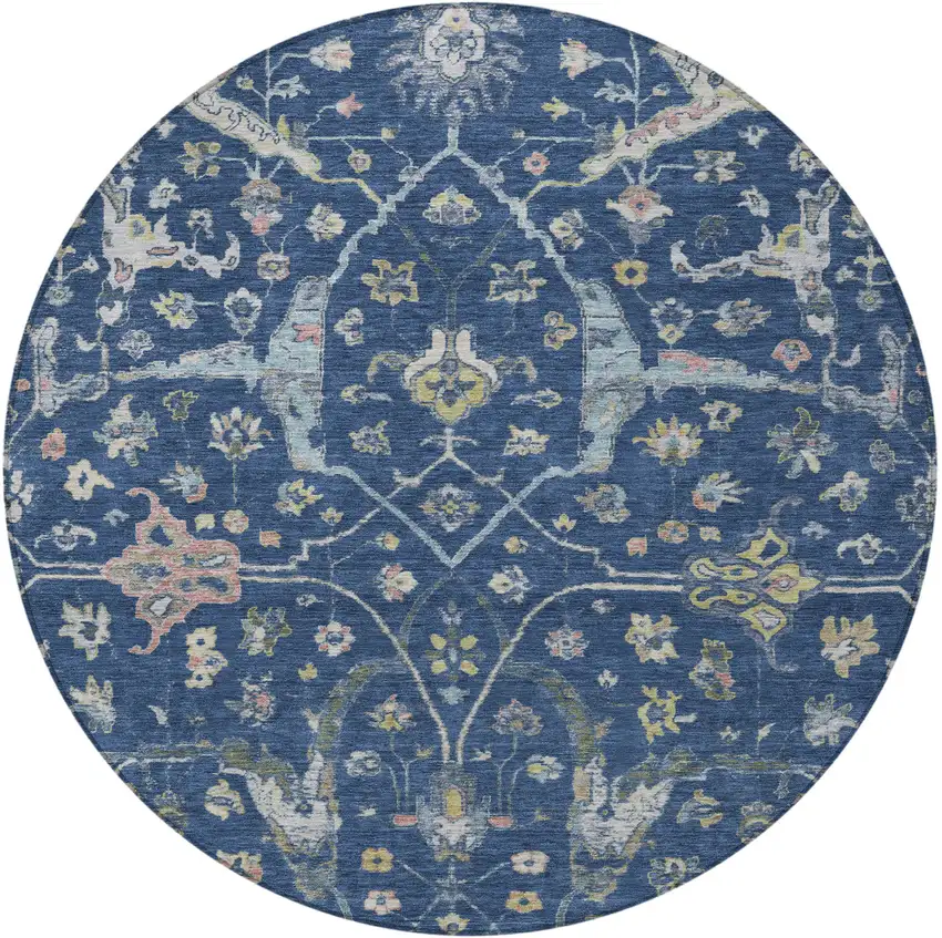 8' Navy Blue Gold And Ivory Round Floral Washable Indoor Outdoor Area Rug Photo 5