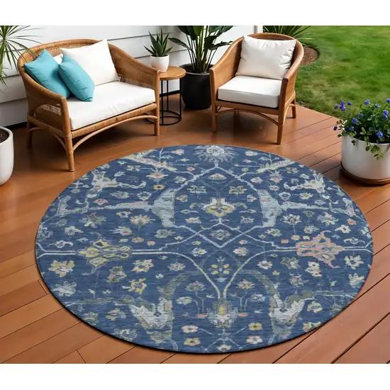 8' Navy Blue Gold And Ivory Round Floral Washable Indoor Outdoor Area Rug Photo 1