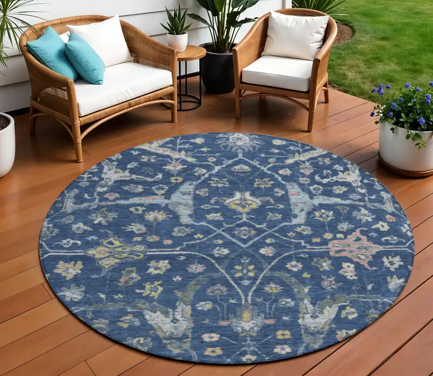 8' Navy Blue Gold And Ivory Round Floral Washable Indoor Outdoor Area Rug Photo 1