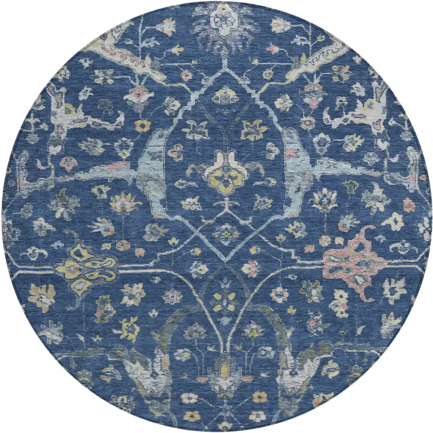 8' Navy Blue Gold And Ivory Round Floral Washable Indoor Outdoor Area Rug Photo 2