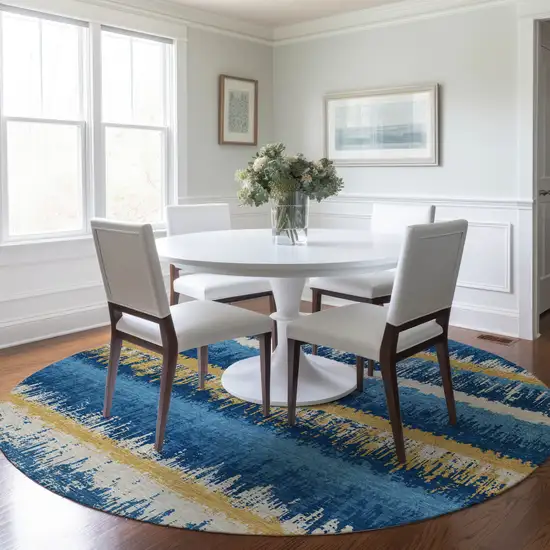 8' Navy Blue Gold And Ivory Round Striped Washable Indoor Outdoor Area Rug Photo 7