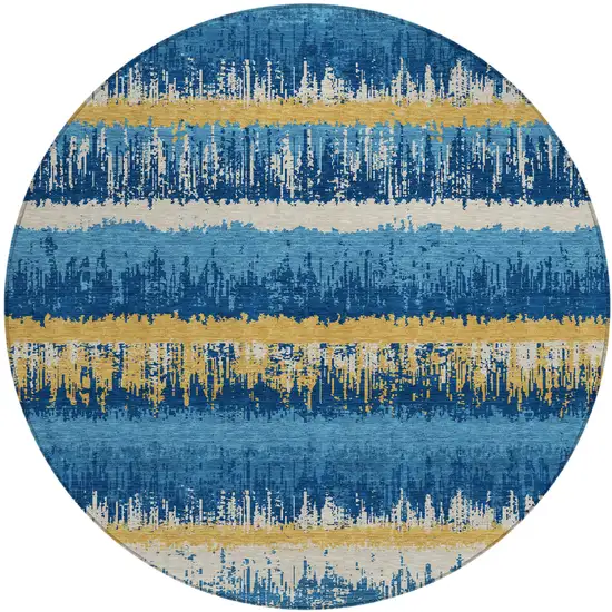 8' Navy Blue Gold And Ivory Round Striped Washable Indoor Outdoor Area Rug Photo 2
