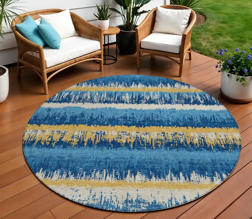 8' Navy Blue Gold And Ivory Round Striped Washable Indoor Outdoor Area Rug Photo 1