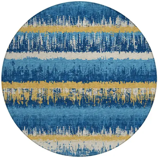 8' Navy Blue Gold And Ivory Round Striped Washable Indoor Outdoor Area Rug Photo 5