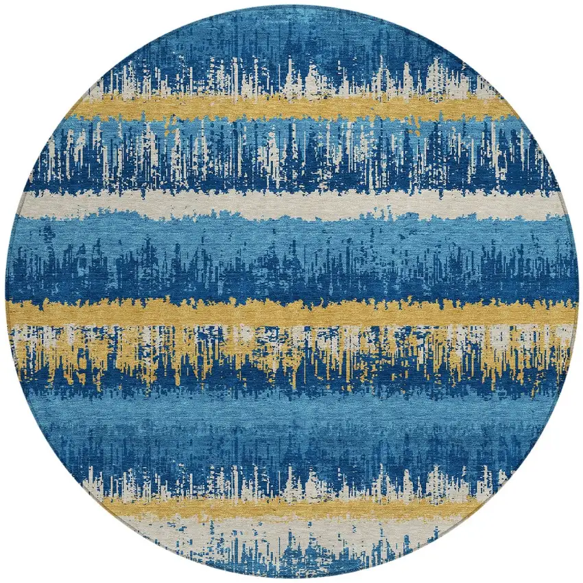 8' Navy Blue Gold And Ivory Round Striped Washable Indoor Outdoor Area Rug Photo 5
