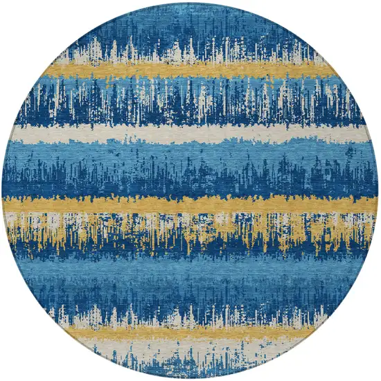 8' Navy Blue Gold And Ivory Round Striped Washable Indoor Outdoor Area Rug Photo 6