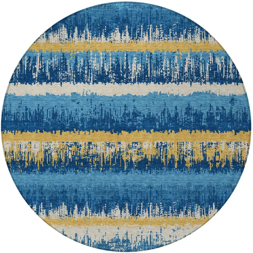 8' Navy Blue Gold And Ivory Round Striped Washable Indoor Outdoor Area Rug Photo 6
