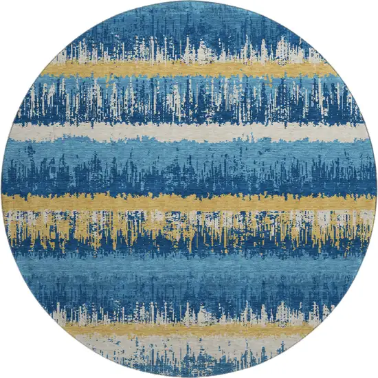 8' Navy Blue Gold And Ivory Striped Washable Round Rug With UV Protection Photo 1