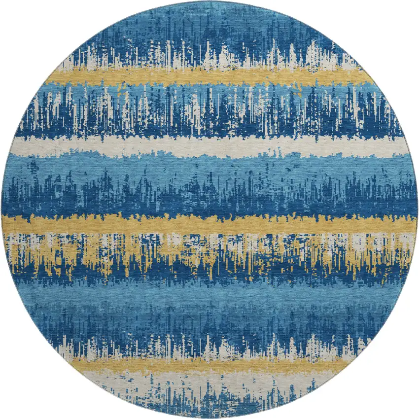 8' Navy Blue Gold And Ivory Striped Washable Round Rug With UV Protection Photo 1