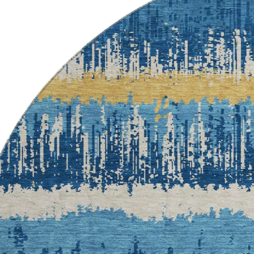 8' Navy Blue Gold And Ivory Striped Washable Round Rug With UV Protection Photo 2