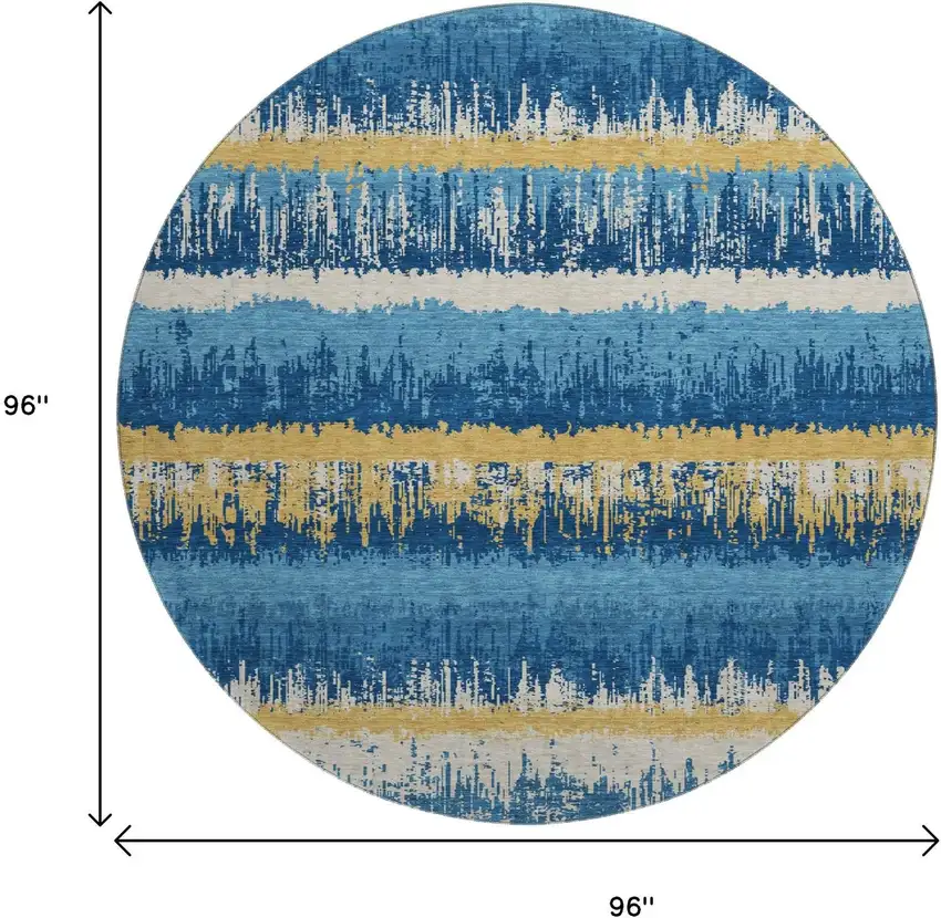 8' Navy Blue Gold And Ivory Striped Washable Round Rug With UV Protection Photo 9