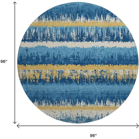 8' Navy Blue Gold And Ivory Striped Washable Round Rug With UV Protection Photo 9
