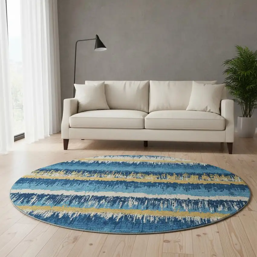 8' Navy Blue Gold And Ivory Striped Washable Round Rug With UV Protection Photo 2