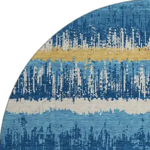 Photo of 8' Navy Blue Gold And Ivory Striped Washable Round Rug With UV Protection