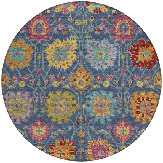 8' Navy Blue Gold And Pink Round Damask Washable Indoor Outdoor Area Rug Photo 4