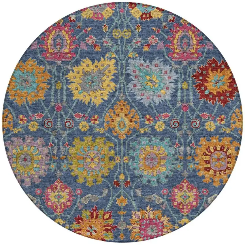 8' Navy Blue Gold And Pink Round Damask Washable Indoor Outdoor Area Rug Photo 4