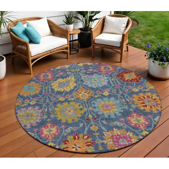 8' Navy Blue Gold And Pink Round Damask Washable Indoor Outdoor Area Rug Photo 1