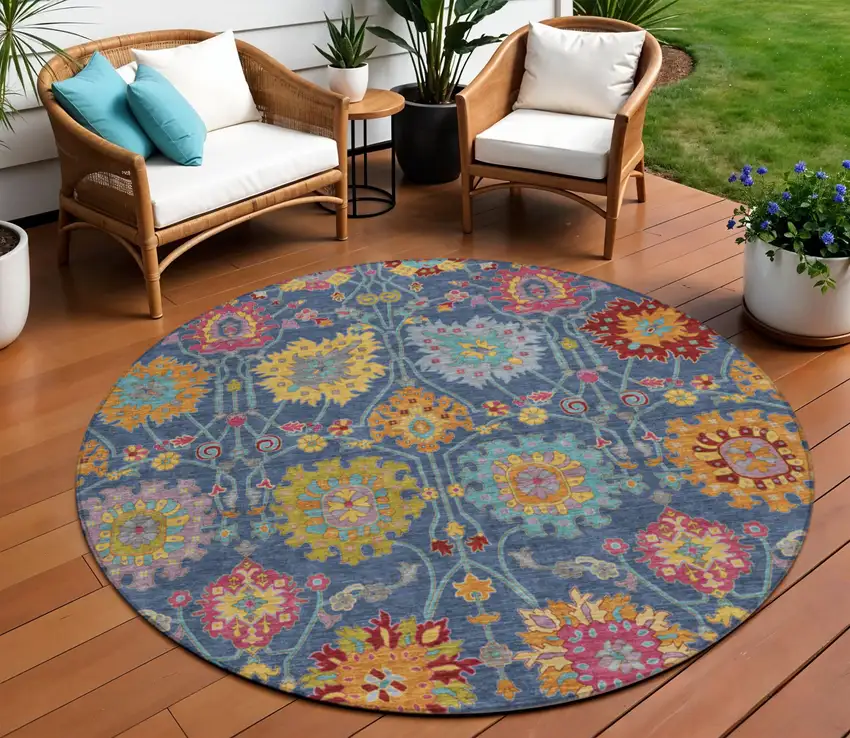 8' Navy Blue Gold And Pink Round Damask Washable Indoor Outdoor Area Rug Photo 1