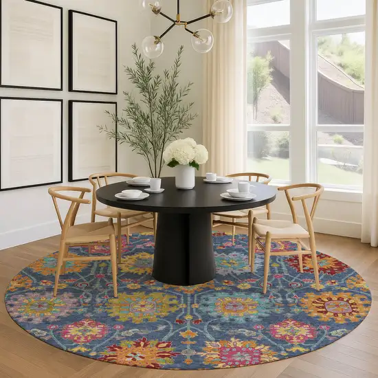 8' Navy Blue Gold And Pink Round Damask Washable Indoor Outdoor Area Rug Photo 9