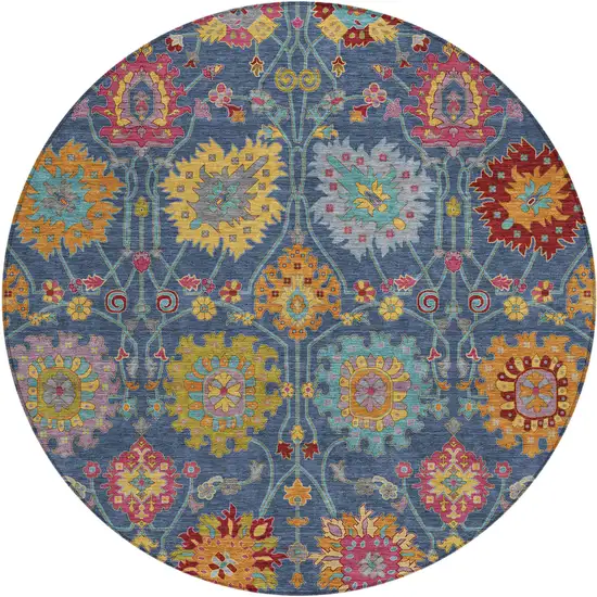 8' Navy Blue Gold And Pink Round Damask Washable Indoor Outdoor Area Rug Photo 2