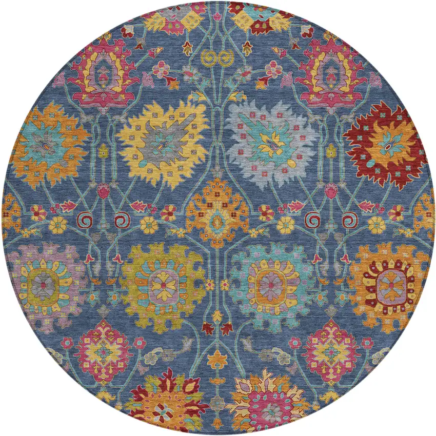 8' Navy Blue Gold And Pink Round Damask Washable Indoor Outdoor Area Rug Photo 2