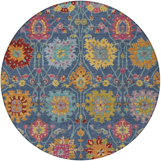 8' Navy Blue Gold And Pink Round Damask Washable Indoor Outdoor Area Rug Photo 5