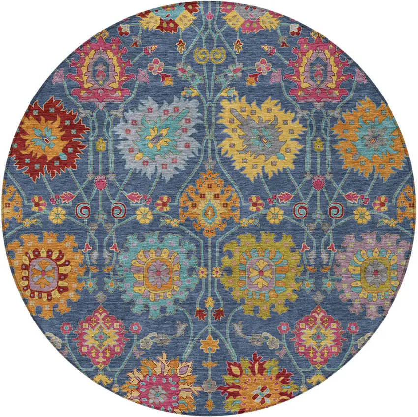 8' Navy Blue Gold And Pink Round Damask Washable Indoor Outdoor Area Rug Photo 5
