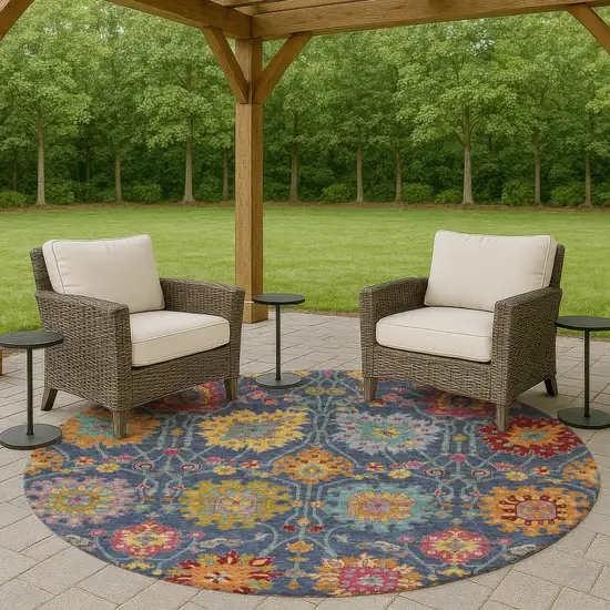 8' Navy Blue Gold And Pink Round Damask Washable Indoor Outdoor Area Rug Photo 9