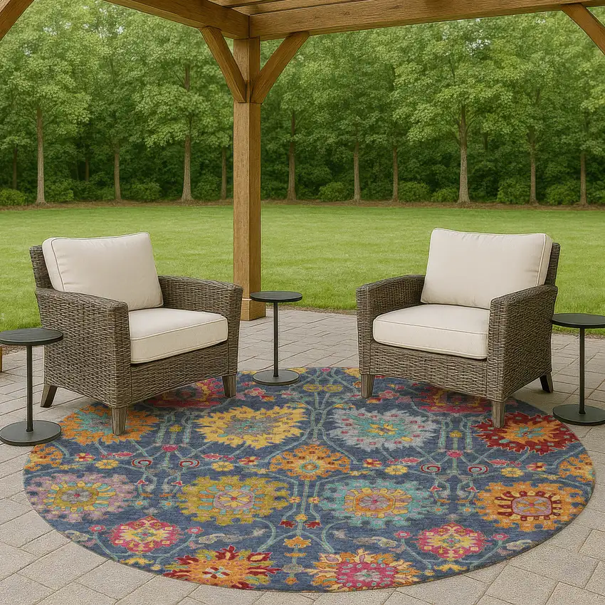 8' Navy Blue Gold And Pink Round Damask Washable Indoor Outdoor Area Rug Photo 9