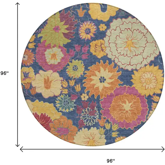 8' Navy Blue Gold And Pink Round Floral Washable Indoor Outdoor Area Rug Photo 3