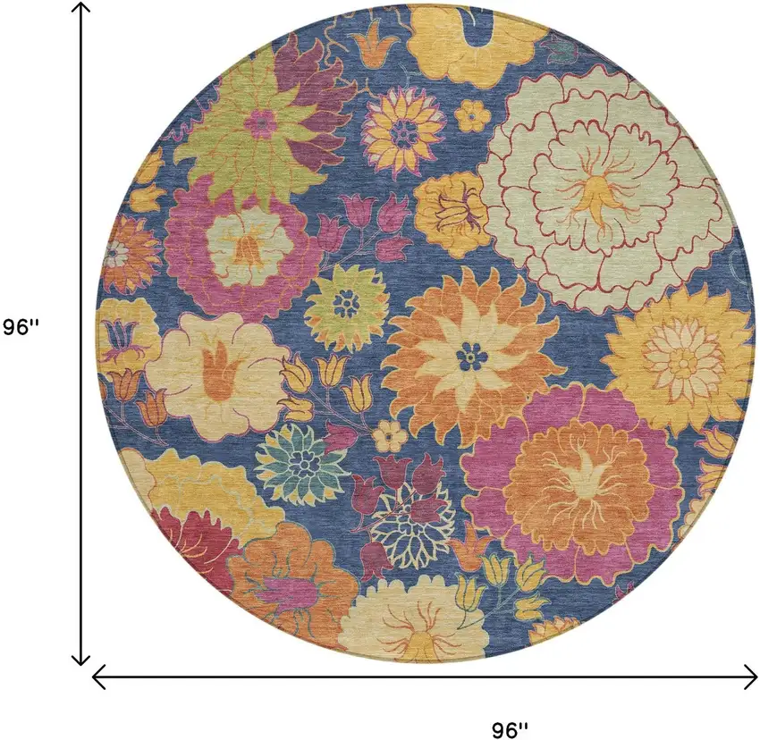 8' Navy Blue Gold And Pink Round Floral Washable Indoor Outdoor Area Rug Photo 3