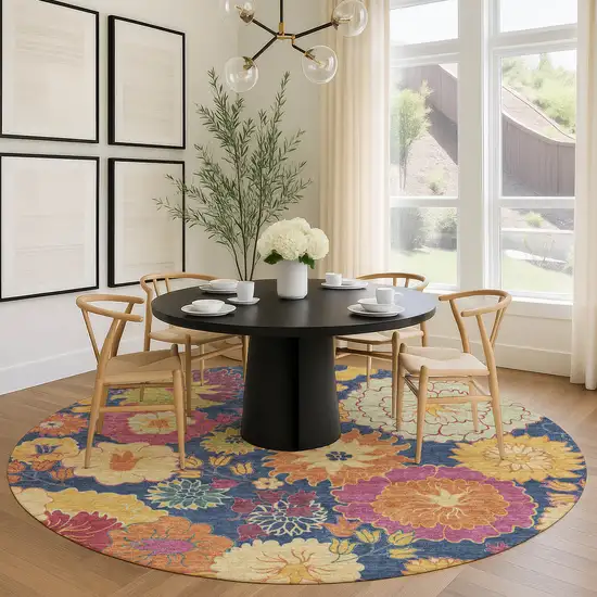 8' Navy Blue Gold And Pink Round Floral Washable Indoor Outdoor Area Rug Photo 9