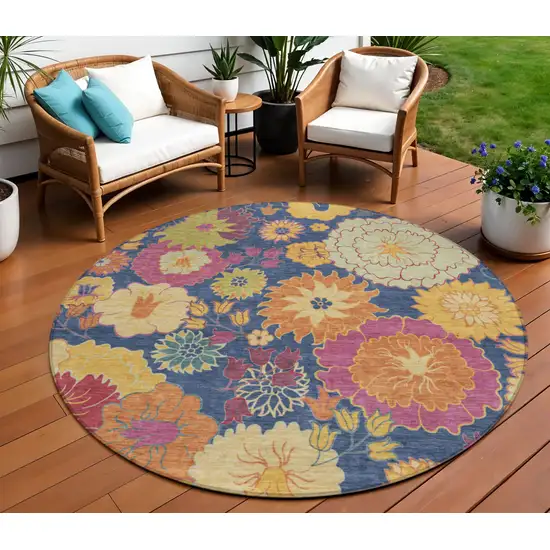 8' Navy Blue Gold And Pink Round Floral Washable Indoor Outdoor Area Rug Photo 1