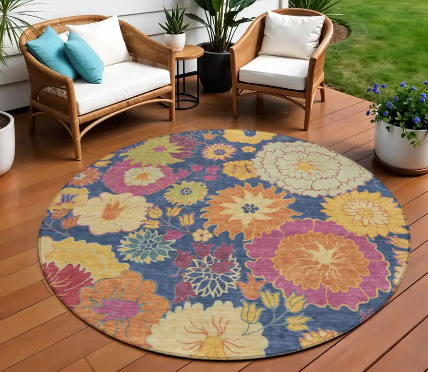 8' Navy Blue Gold And Pink Round Floral Washable Indoor Outdoor Area Rug Photo 1