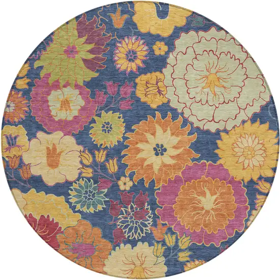 8' Navy Blue Gold And Pink Round Floral Washable Indoor Outdoor Area Rug Photo 2