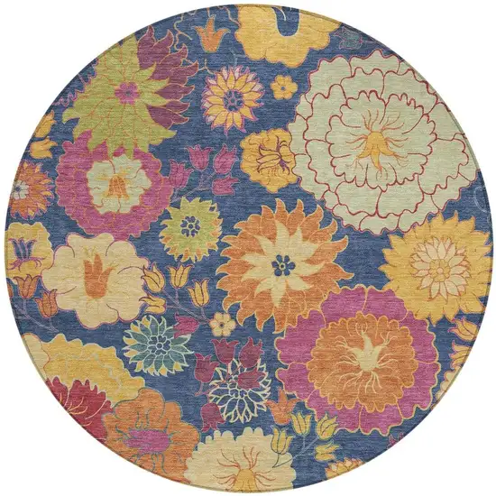 8' Navy Blue Gold And Pink Round Floral Washable Indoor Outdoor Area Rug Photo 4