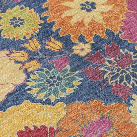 8' Navy Blue Gold And Pink Round Floral Washable Indoor Outdoor Area Rug Photo 7