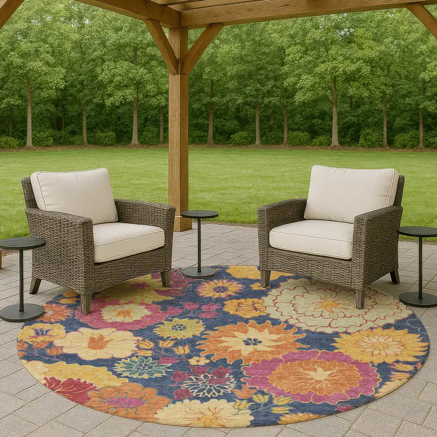 8' Navy Blue Gold And Pink Round Floral Washable Indoor Outdoor Area Rug Photo 8