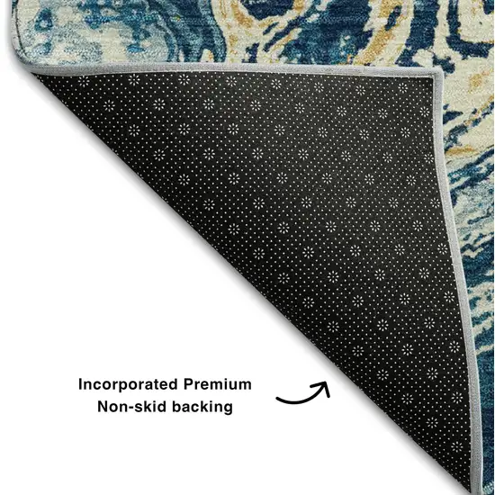 8' Navy Blue Gold And White Abstract Washable Round Rug With UV Protection Photo 5