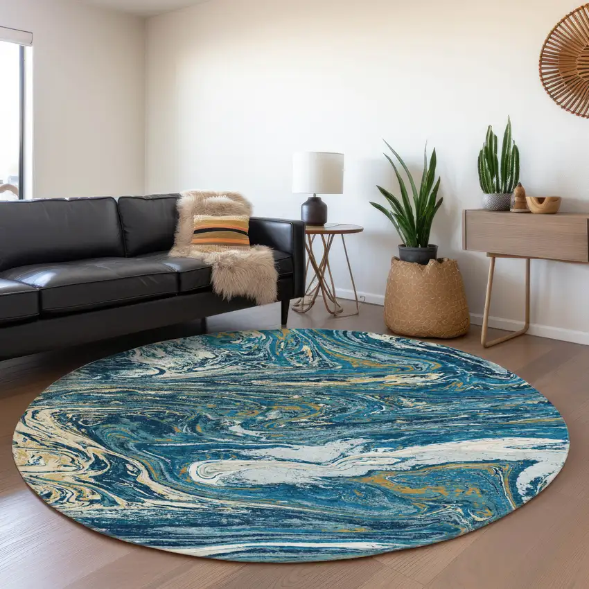 8' Navy Blue Gold And White Abstract Washable Round Rug With UV Protection Photo 4