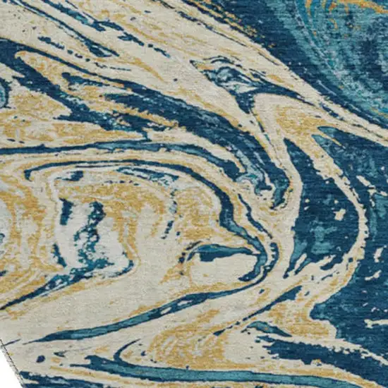 8' Navy Blue Gold And White Abstract Washable Round Rug With UV Protection Photo 3