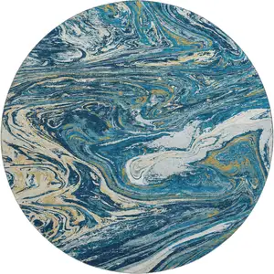 Photo of 8' Navy Blue Gold And White Abstract Washable Round Rug With UV Protection